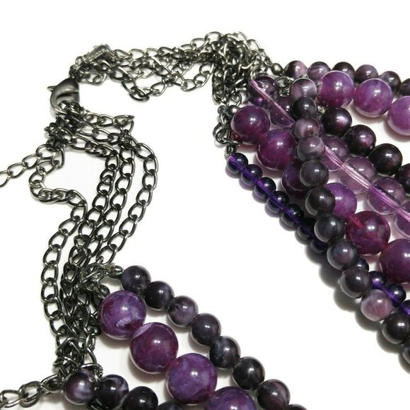 Chico's Purple Multi-Strand Acrylic Layered Bead Necklace, Gunmetal Gray Chains - Picture 5 of 16
